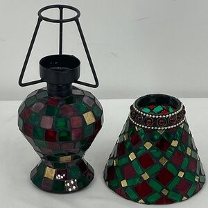 Stained Glass Mosaic Tea Lite Candle Holder Set in Green & Red